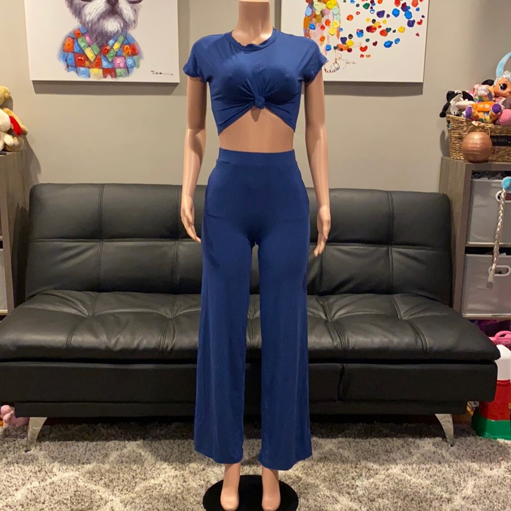 Two piece navy wide leg pant set Co ord matching two piece set